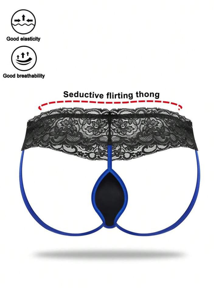 Fashionable Black Cup With Vibrant Blue Trim, Black Waistband With Lace Trim Men's Lingerie